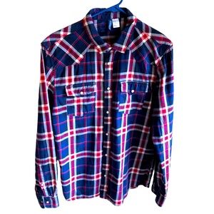 Western Style Flannel Pearl Button-down Shirt. Red, White & Blue. Medium
